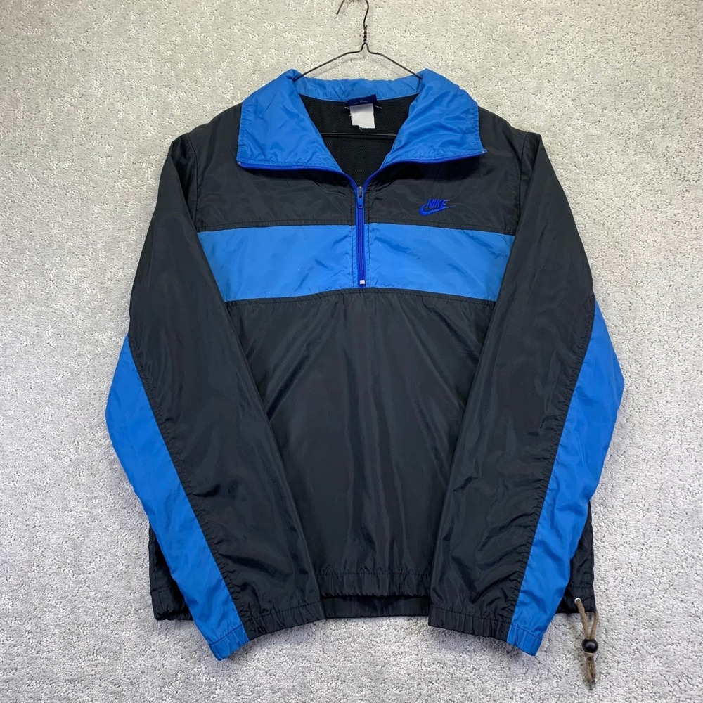 Vintage 80s Nike Jacket Mens Large Black‎ Blue Windbreaker Pullover Lightweight